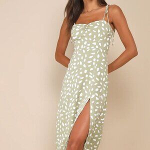 Lulu's Party in Paris Sage Green Print Tie-Strap Midi Dress XS